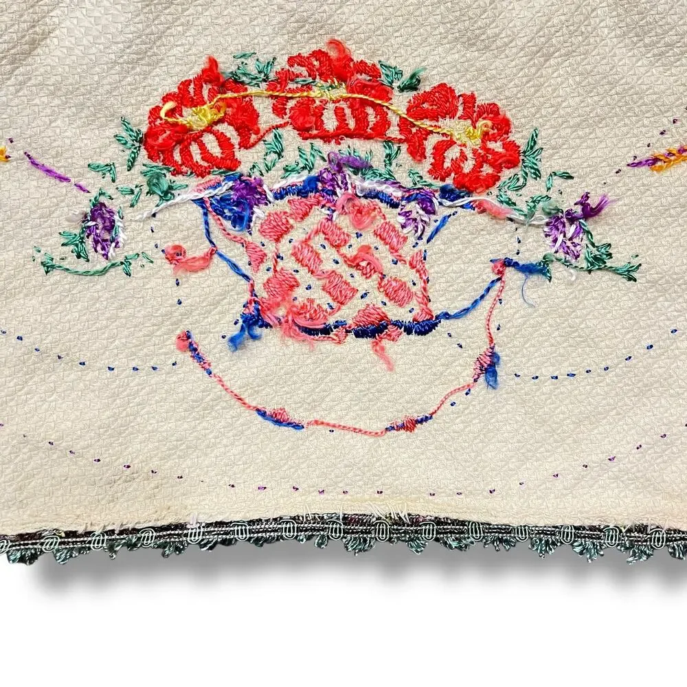 Vintage 30s Embroidered Tablecloth Baskets of Flowers Multicolor 32 inch Square